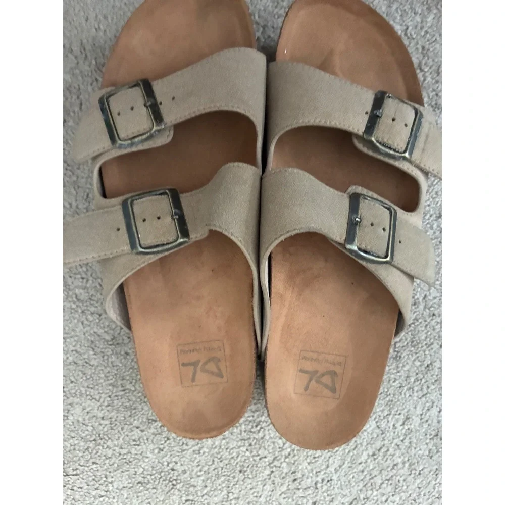 Dirty Laundry Platform Sandals Womens 9 Tan Double Buckle Suede Wedge Slides